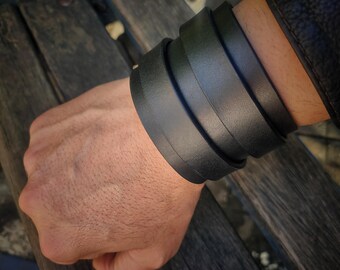 Double Strap Leather Cuff, Black Buckle Bracelet, Wide Minimal Wristband