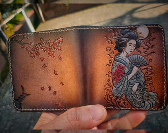 Hand Painted Geisha Wallet – Carved Leather Bifold with Snap, Japanese Art Piece