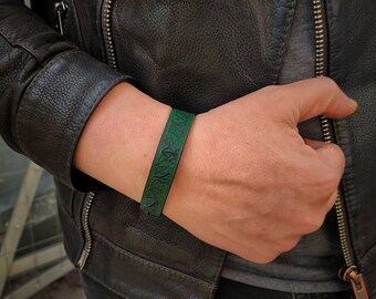 Hand Tooled Viking Rune Leather Bracelet | Single Buckle Cuff | Green