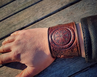 Brown Leather Viking Vegvisir Cuff – Hand Tooled Valknut Bracelet, Snap Closure