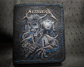Lederen tweevoudige portemonnee geïnspireerd door Metallica Rock Band/gotische schedel/biker portemonnee/kaarthouder