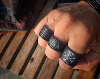 Hand Stamped Wide Leather Ring – Rustic Tooled Veg Tan Leather Band