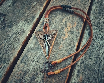 Triangle Leather Necklace: Rusty Nail Barbed Wire Pendant