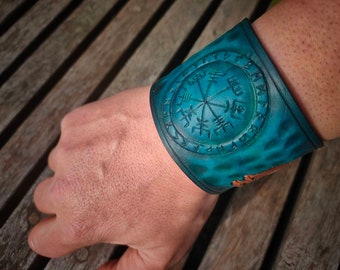 Turquoise Leather Viking Vegvisir Cuff – Hand Tooled Valknut Bracelet Snap Closure