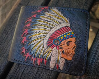 Hand Carved Skull Headdress – Men Leather Bifold, Native Inspired Art Biker Wallet