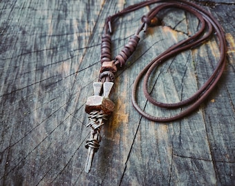 Rusty Double Coffin Nail Necklace / Wrapped Barbed Wire / Post Apocalyptic / Wasteland / Tribal / Dystopian