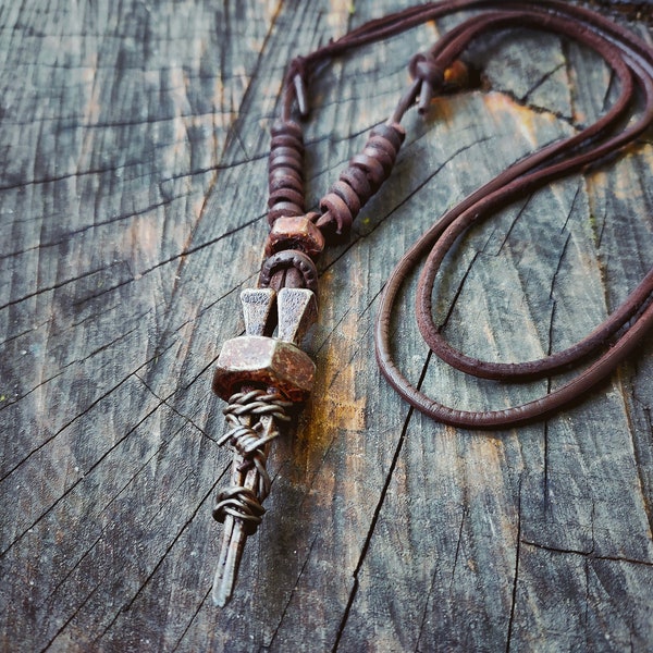 Rusty Double Coffin Nail Necklace / Wrapped Barbed Wire / Post Apocalyptic / Wasteland / Tribal / Dystopian