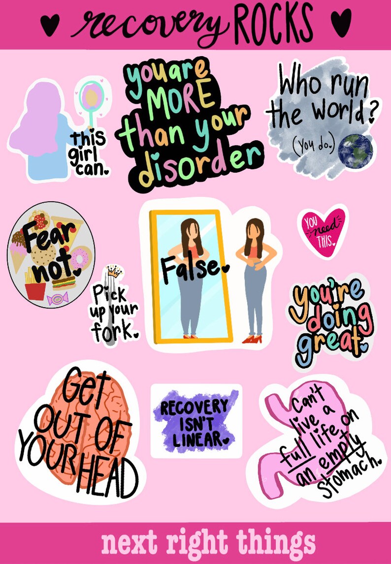 Puede incluir: Un conjunto de 10 pegatinas coloridas con afirmaciones positivas e ilustraciones relacionadas con la recuperaci&oacute;n. Las pegatinas presentan frases como "Eres m&aacute;s que tu trastorno", "No tengas miedo", "Coge tu tenedor", "Sal de tu cabeza", "La recuperaci&oacute;n no es lineal", "Lo est&aacute;s haciendo genial", "No se puede vivir una vida plena con el est&oacute;mago vac&iacute;o", "&iquest;Qui&eacute;n dirige el mundo? (T&uacute;.)", "Necesitas esto", y "Falso".