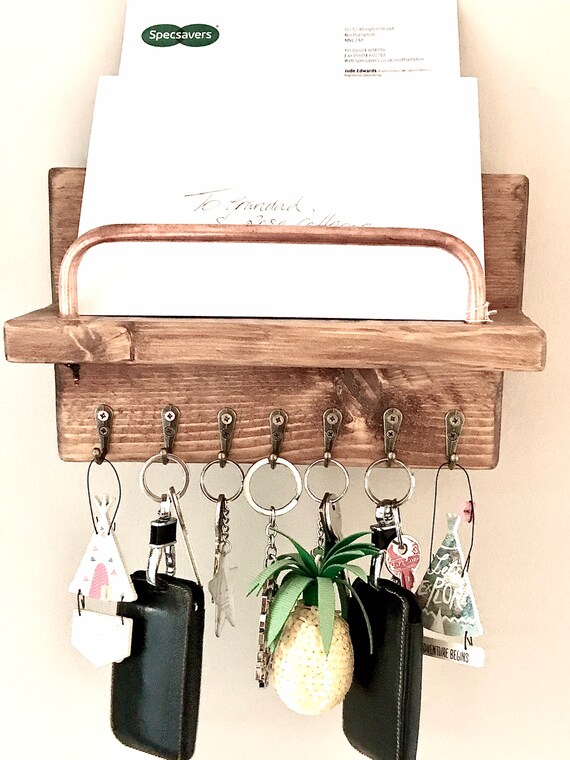 Letter Rack and Key Hooks Timber and Metal Wall Hung Mail Holder