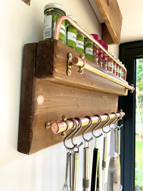 Spice Shelf Long Spice Shelf With Copper Utensil Hanging Rail