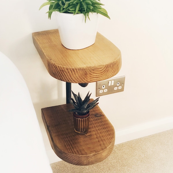 Bedside Table, Double Design Tables, Medium Oak colour, Chunky Timber, Iron Pipe Bracket, Handmade, Solid Wood, Space Saving Furniture