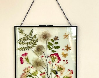 Pressed Flower Picture in Black Hanging Frame, Natural Flowers and foliage, Wall Hanging, Real Flower Design, Mothers Day Gift,