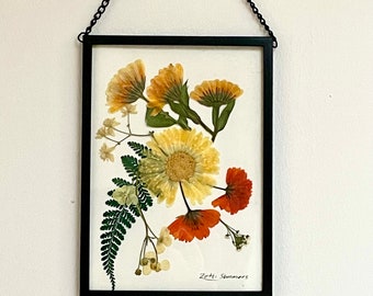 Pressed Flower Picture, Framed Real Flowers,Mothers Day Gift,  Handmade Flower Art, Tangy Oranges and Yellows, Gorgeous