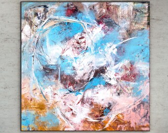 May include: Abstract painting with a swirling, textured design in shades of blue, white, pink, and brown. The painting is framed and hanging on a wall.