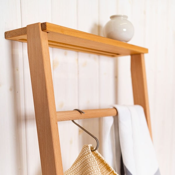 Clothes ladder SET beech, towel ladder/mute servant made of solid beech wood with shelves for storing clothes and accessories