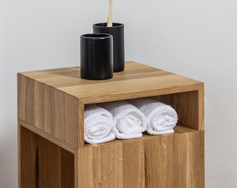 Side table, stool made of solid oak with practical storage compartments 45 cm high