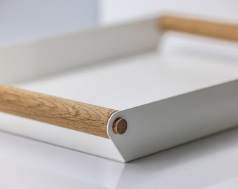 Retro-style serving tray – aluminum with oak handles, tray for serving and decorating, 45 × 31 cm