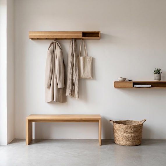 Wandgarderobe GA 1 SET aus massiver Eiche – 2-teiliges Garderoben- & Regal-Set mit Fächern, je 100x22 cm