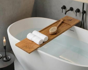 Oak bathtub tray – Handmade bathtub shelf with non-slip surface and recess – for bathtubs 75–100cm