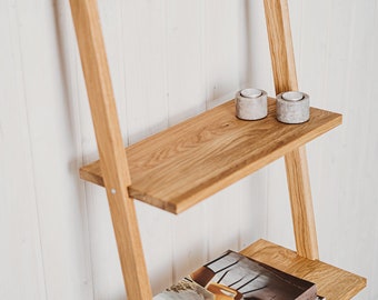 Ladder shelf, standing shelf, wooden shelf RELA made of solid oak, 170x 48 cm. Design shelf with 4x shelves