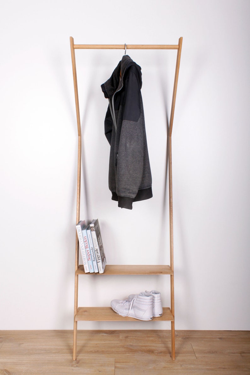 Leaning wall coat rack with shelves made of solid oak image 2