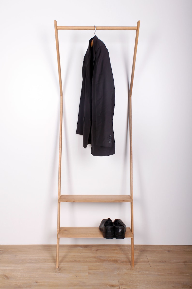 Leaning wall coat rack with shelves made of solid oak image 5