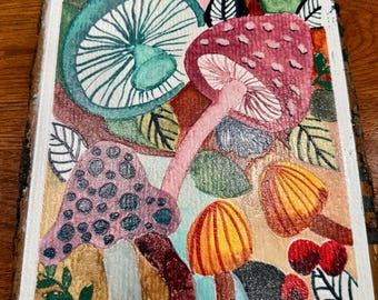 Original Watercolor Print “Mushrooms” on 3/4” Live Edge Wood Panel