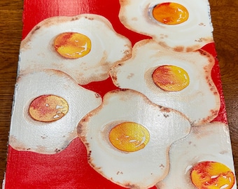 Original Watercolor Print “Fried Eggs” on 3/4” Live Edge Wood Panel (Square)