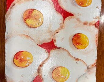Original Watercolor Print “Fried Eggs” on 3/4” Live Edge Wood Panel (rectangle)