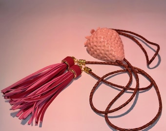 Pink Strawberry Bolo Tie, 3D Printed Western Accessory, Braided Leather Cord (Bolo Zoo Series)