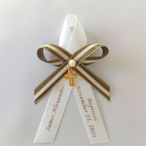 10 pcs Personalized martyrika for baptism, double olive green gold edged & white gold edged satin ribbons, personalised witness pins baptism