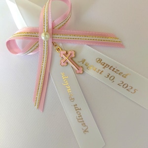 10 pcs Personalized Martyrika baptism pink - white gold edges satin ribbons - pink cross, Greek Orthodox Baptism - personalized witness pins