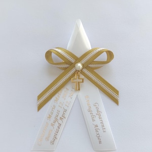 10 pcs Personalized martyrika baptism golden olive & white  gold edged satin ribbons, witness pins baptism, personalised baby shower favors