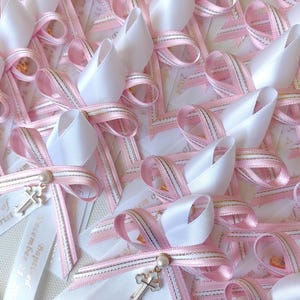 10 pcs Personalized Martyrika baptism pink and white gold edges satin ribbons - Greek Orthodox Baptism - personalized witness pins