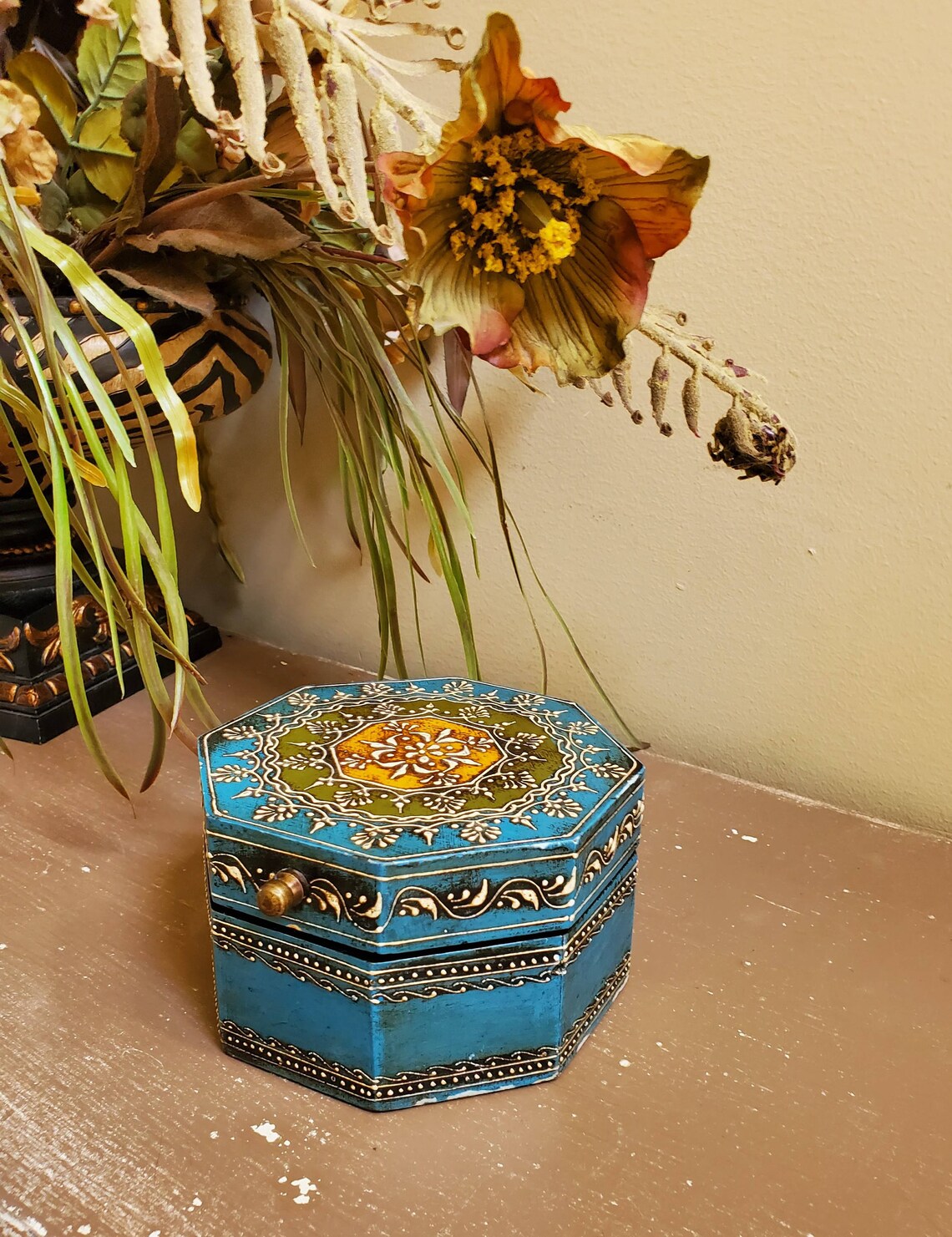 Beautiful Teal Blue Decorative Box with Textured Floral Hinged Etsy