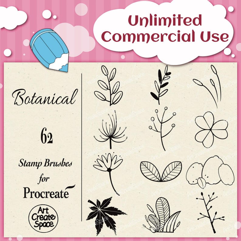 Botanical Procreate Brushes: Flower & Leaf Digital Stamps (commercial ...