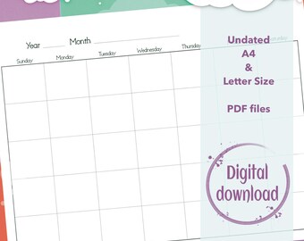 Basic monthly Calendar template, undated simple planner, digital download,