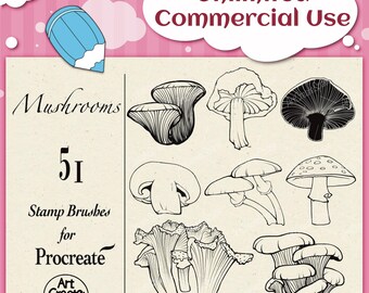 Mushroom Procreate Brushes: Botanical Digital Stamps (Commercial Use)