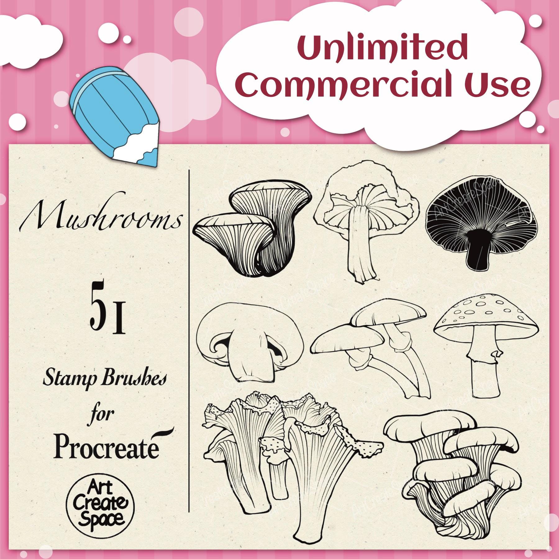 Mushroom Procreate Brushes: Botanical Digital Stamps (commercial Use ...