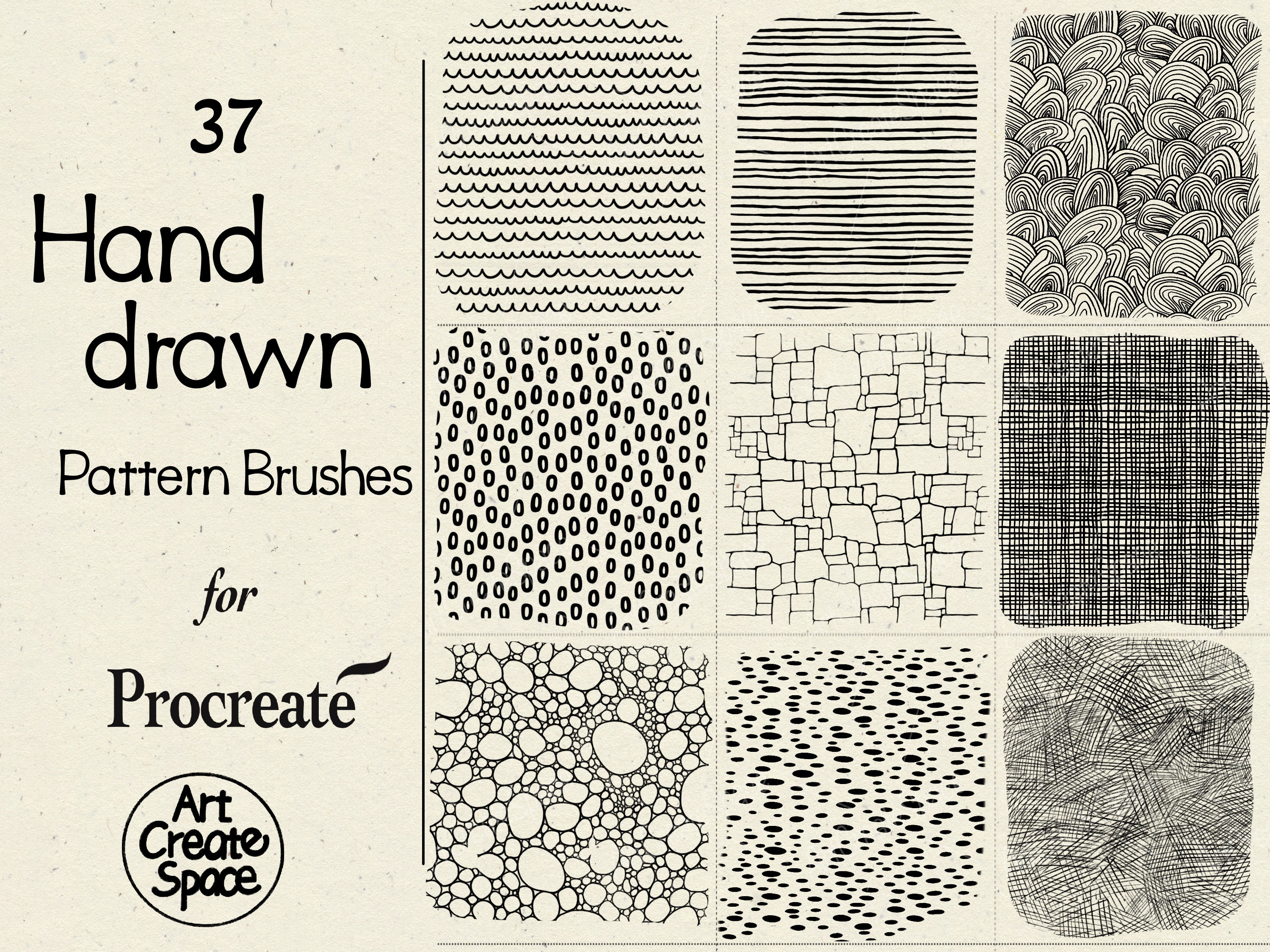 Procreate – Pack de pinceaux de motifs dessinés à la main – Doodle, grille, pois, vichy, cœurs et feuilles – Usage commercial