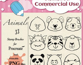 Animal Procreate Stamps, animal Clipart, commercial use brushes, Cute animals PNG, Hand drawn stamps, Doodle Stamps, instant download,