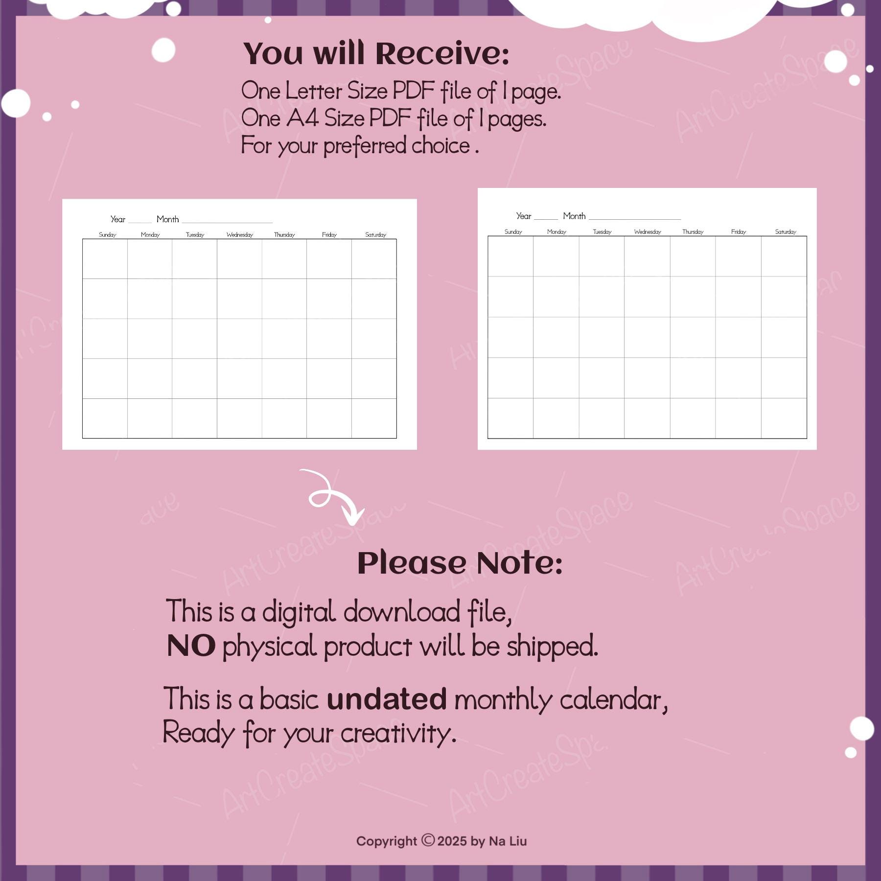 Monthly Basic Basic Monthly Calendar Template, Undated Simple Planner, Digital ...