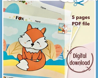 Scissors skill, animal cutting project, kids motor skills, learning activities, digital downloads, printable,