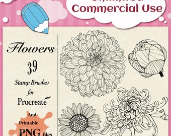 Procreate Flower Stamps: Botanical Brush Set, Floral Clipart (Commercial Use)