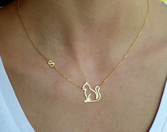 Cat necklace with Initial, Sterling Silver Cat Memorial Gift, Personalized Gift Jewelry, Gold and Rose Gold Plated