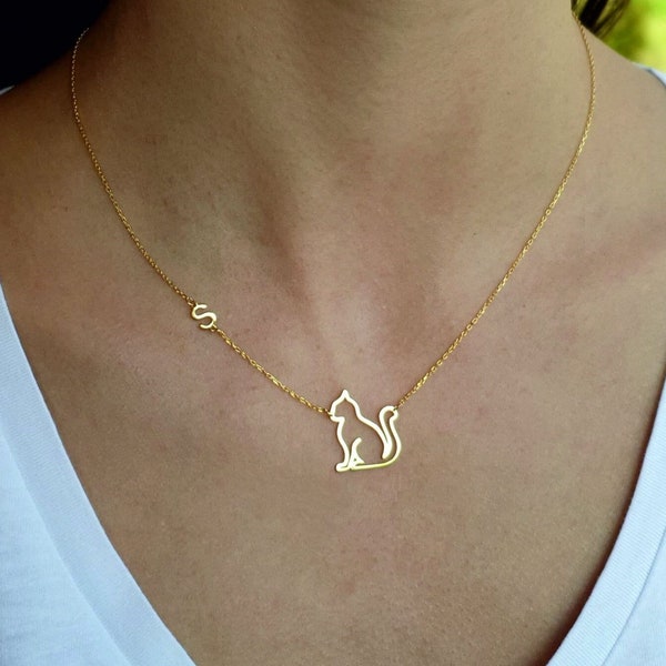 Cat necklace with Initial, Sterling Silver Cat Memorial Gift, Personalized Gift Jewelry, Gold and Rose Gold Plated