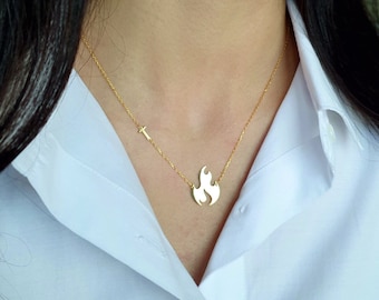 Sterling Silver Flame Necklace, Custom Initial Gift Jewelry, 925k Sterling Silver, Gold and Rose Gold Plated