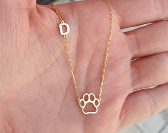 Sterling Silver Cat Paw Necklace with Initial, Cat Memorial Gift, Personalized Gift Jewelry, Gold and Rose Gold Plated