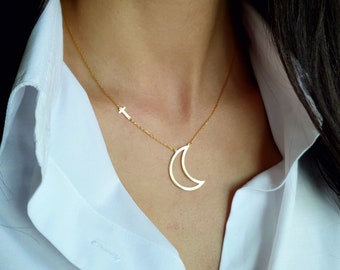 Crescent Moon Necklace with Initial, Half Moon Personalized Gift Jewelry, Gold and Rose Gold Plated