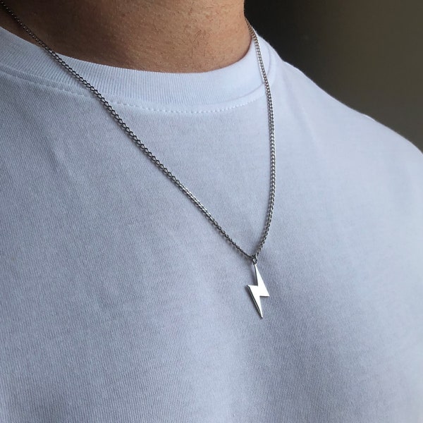 Lightning Bolt Necklace for Man, Sterling Silver Men Necklace, Guy Necklace, Gift Man Necklace, Boyfriend Gift Necklace, Curb Chain Necklace